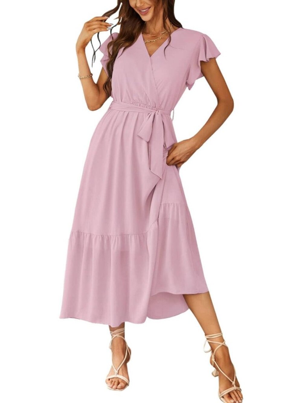 Women's Pink Summer Short Sleeve Wrap V Neck Floral Boho Guest Maxi Dresses